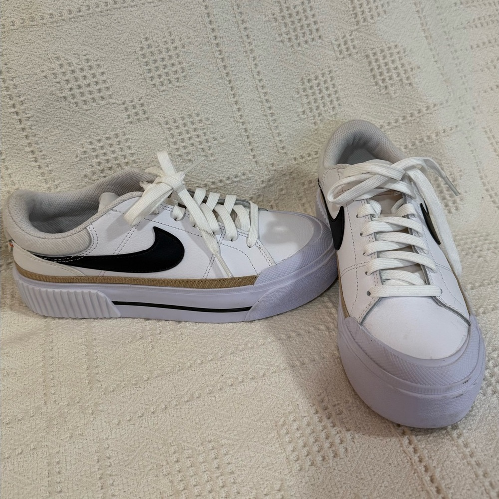 Nike Women's White and Black Sneakers with Tan Accent